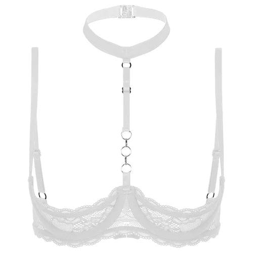 GHALLAS white lace halter neck bra with adjustable straps and decorative metal rings