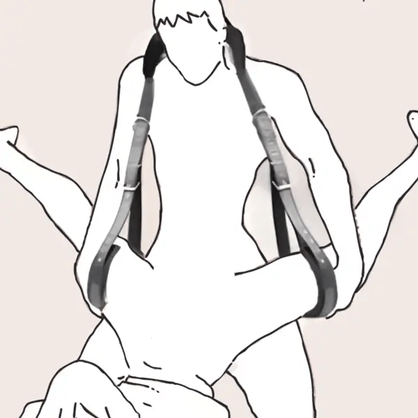 Illustration of adjustable BDSM restraints worn by two figures demonstrating suspension support
