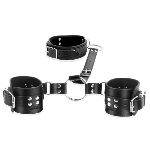 GHALLAS black leather bondage restraint set with adjustable buckles and metal rings for secure fit