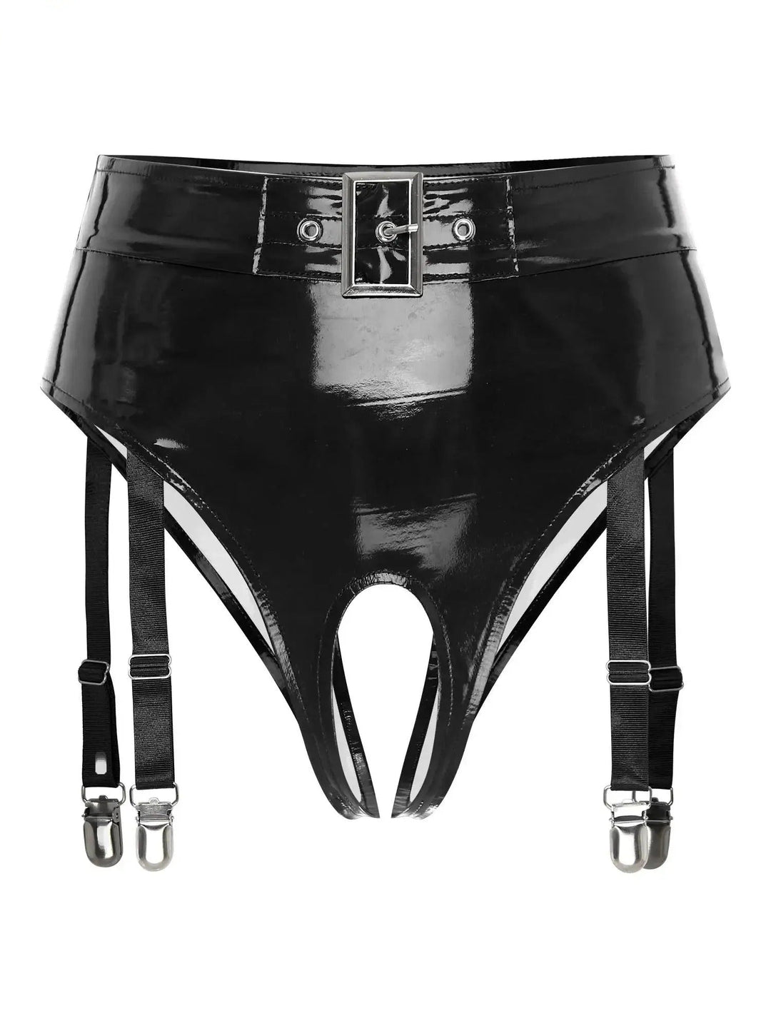 Black shiny leather garters with clips from GhallasGoth featuring adjustable straps and buckle detail
