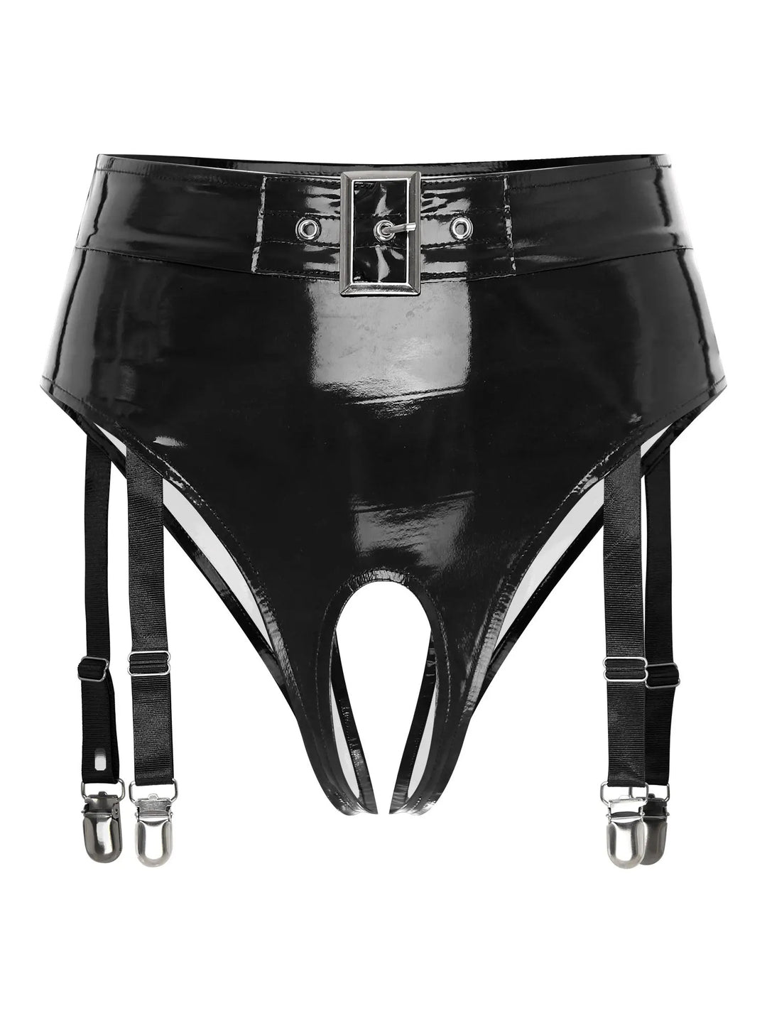 Black shiny leather garters with clips featuring adjustable straps and buckle detail