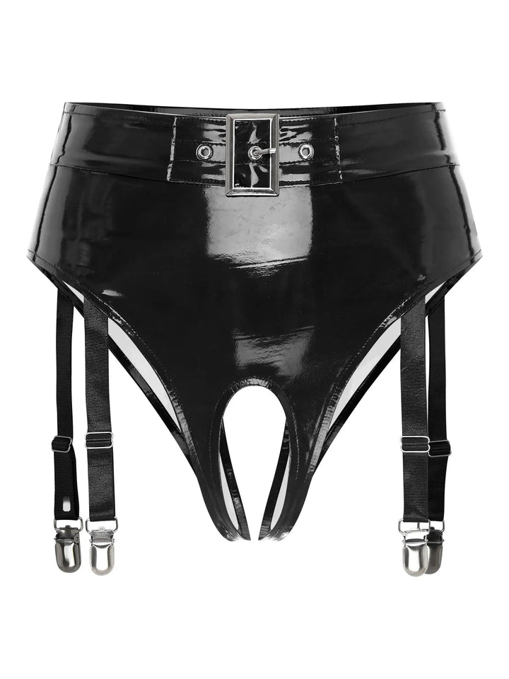 Black shiny leather garters with clips featuring adjustable straps and buckle detail
