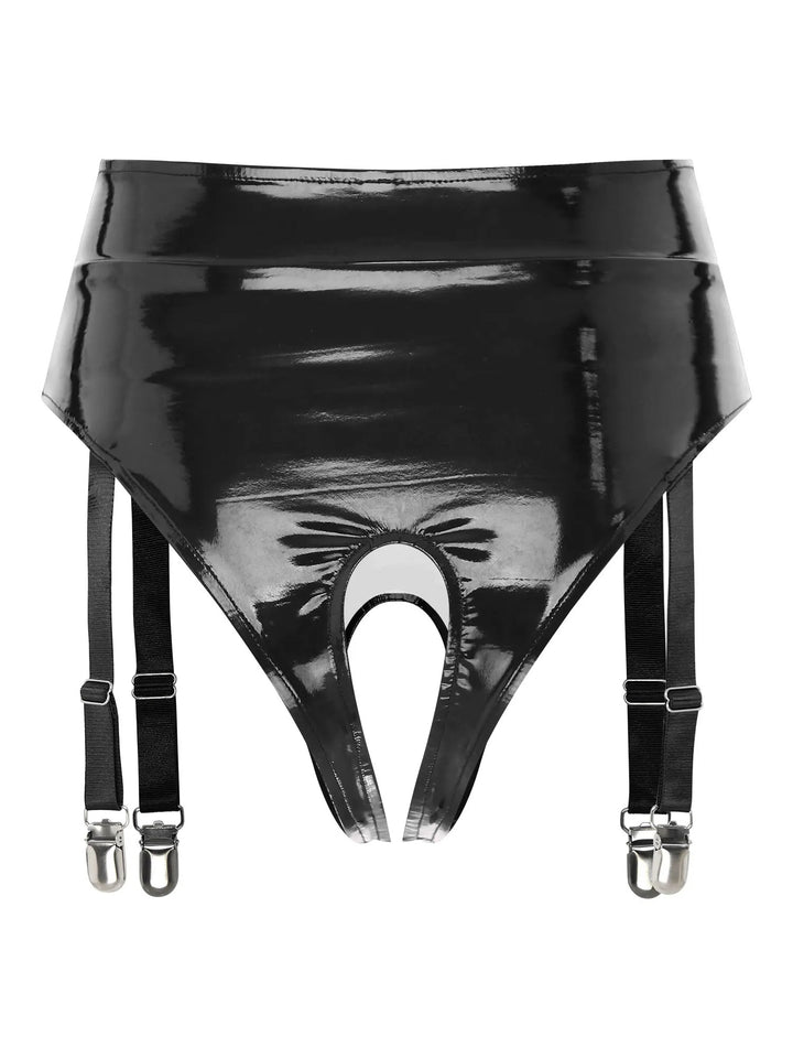 Black shiny leather garters with clips featuring adjustable straps and open crotch design