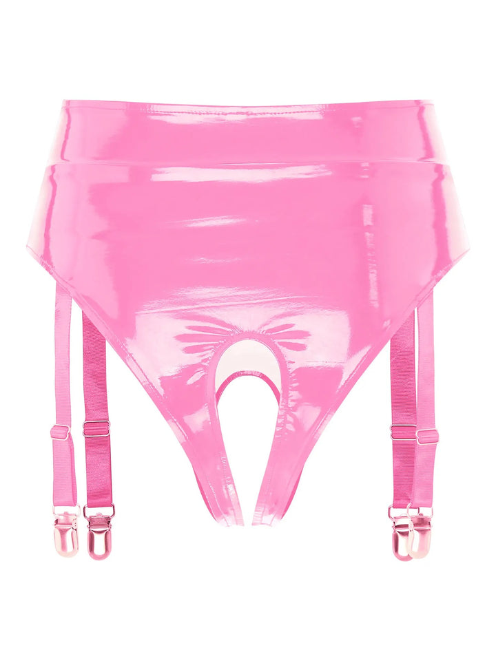 Pink shiny leather garters with clips featuring adjustable straps and a high-waist design