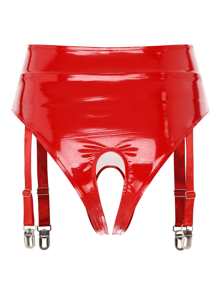 Red glossy adjustable leather garters with clips for stockings by GhallasGoth