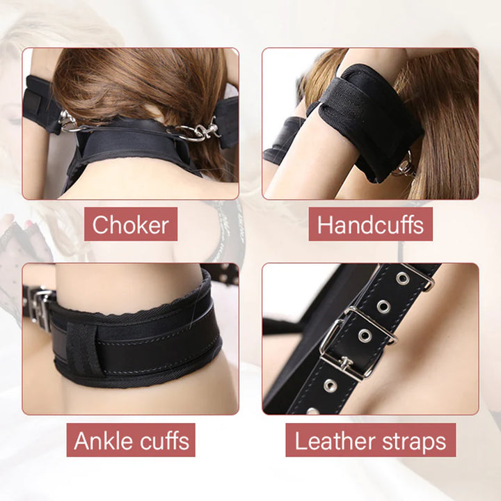 Black adjustable BDSM restraints set with choker, handcuffs, ankle cuffs, and leather straps by GhallasGoth