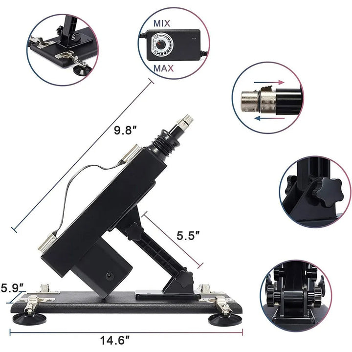 GHALLAS adjustable pleasure machine with detailed close-ups and dimensions for versatile use