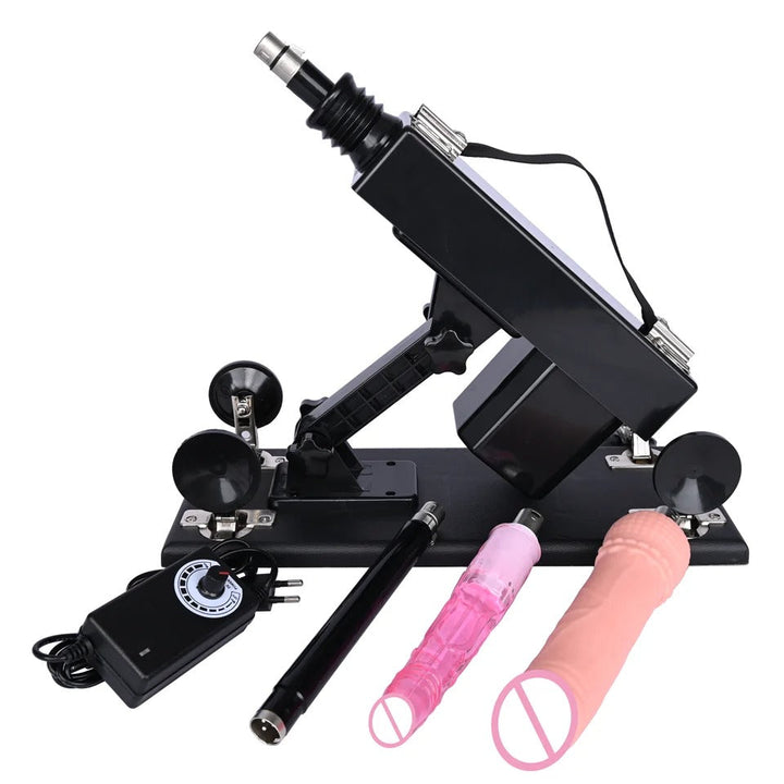 GHALLAS adjustable pleasure machine with remote control and interchangeable attachments in black