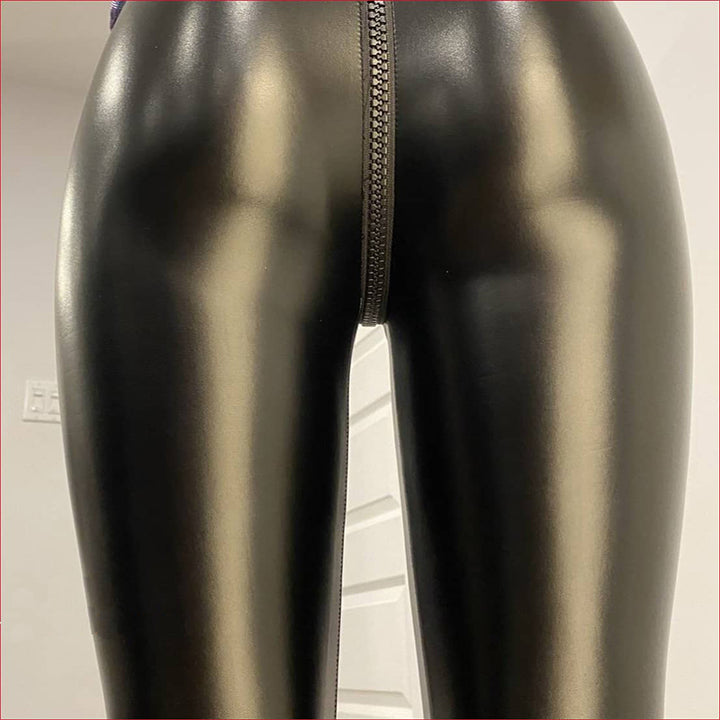 Close-up of black matte leather trousers for women with front zipper detail and smooth texture