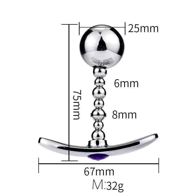 GHALLAS metal anal plug with detailed measurements and polished silver finish