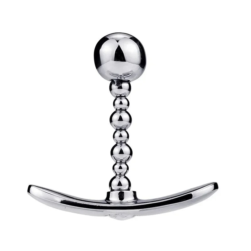 GHALLAS polished silver metal anal plug with a beaded stem and curved base for comfort