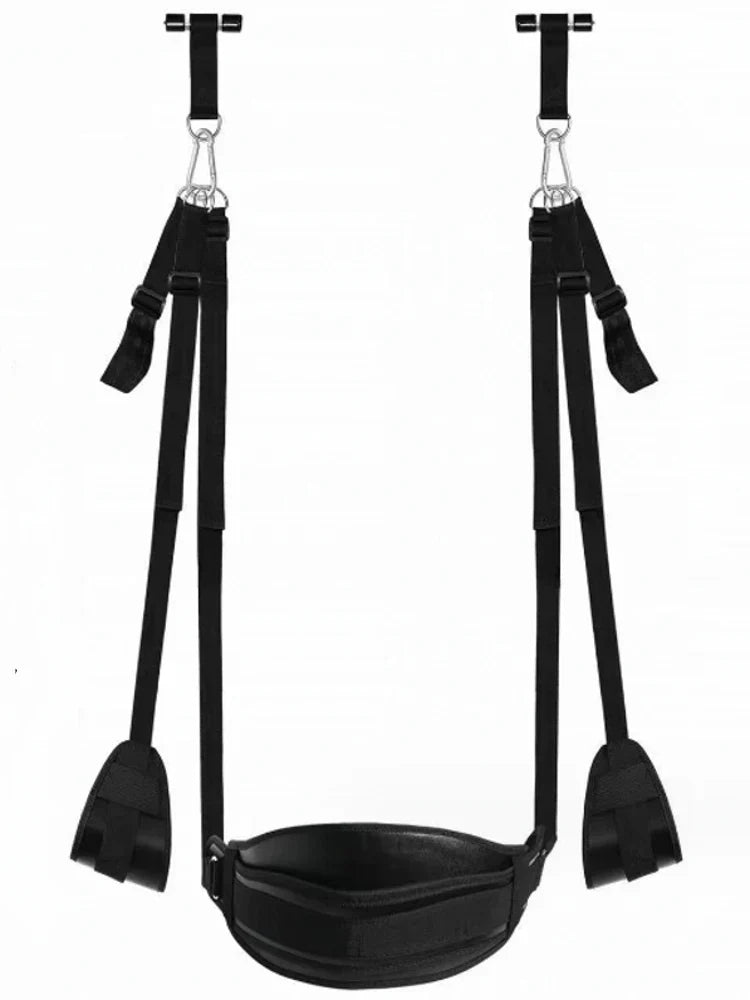 Black adjustable pleasure swing for couples with padded seat and wrist straps by Gothic Tot