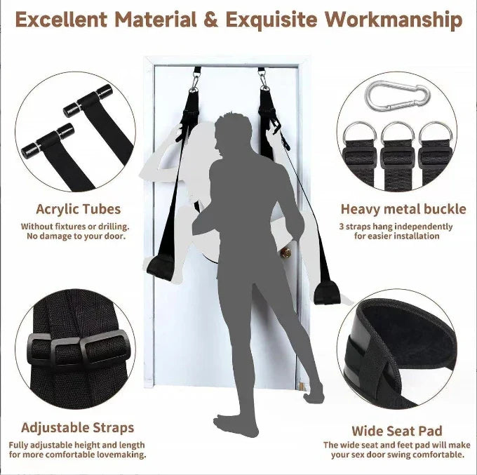 Pleasure swing for couples with acrylic tubes, heavy metal buckles, adjustable straps, and wide seat pad for comfort