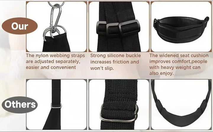 Close-up details of Gothic Tot pleasure swing for couples showing nylon straps, silicone buckle, and widened seat cushion