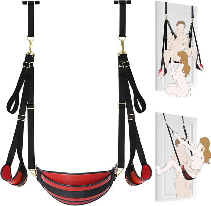 Gothic Tot black and red pleasure swing for couples with adjustable straps and padded supports