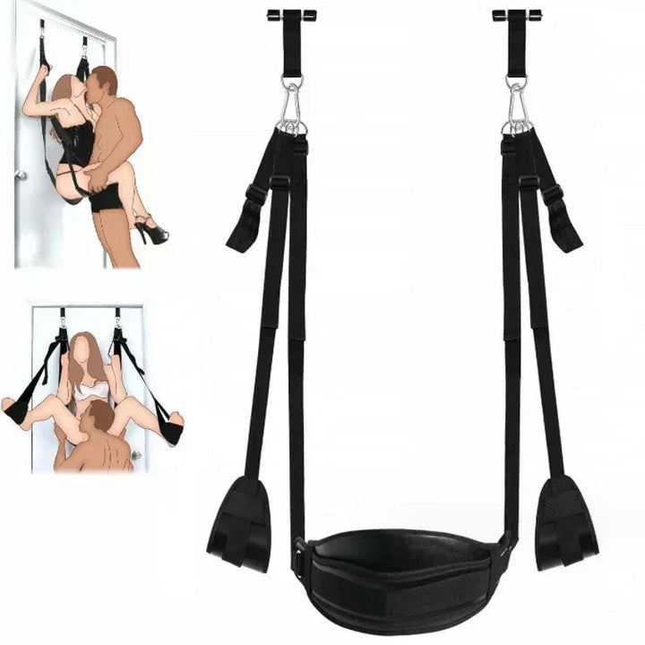 Black pleasure swing for couples with adjustable straps and door mount for intimate use