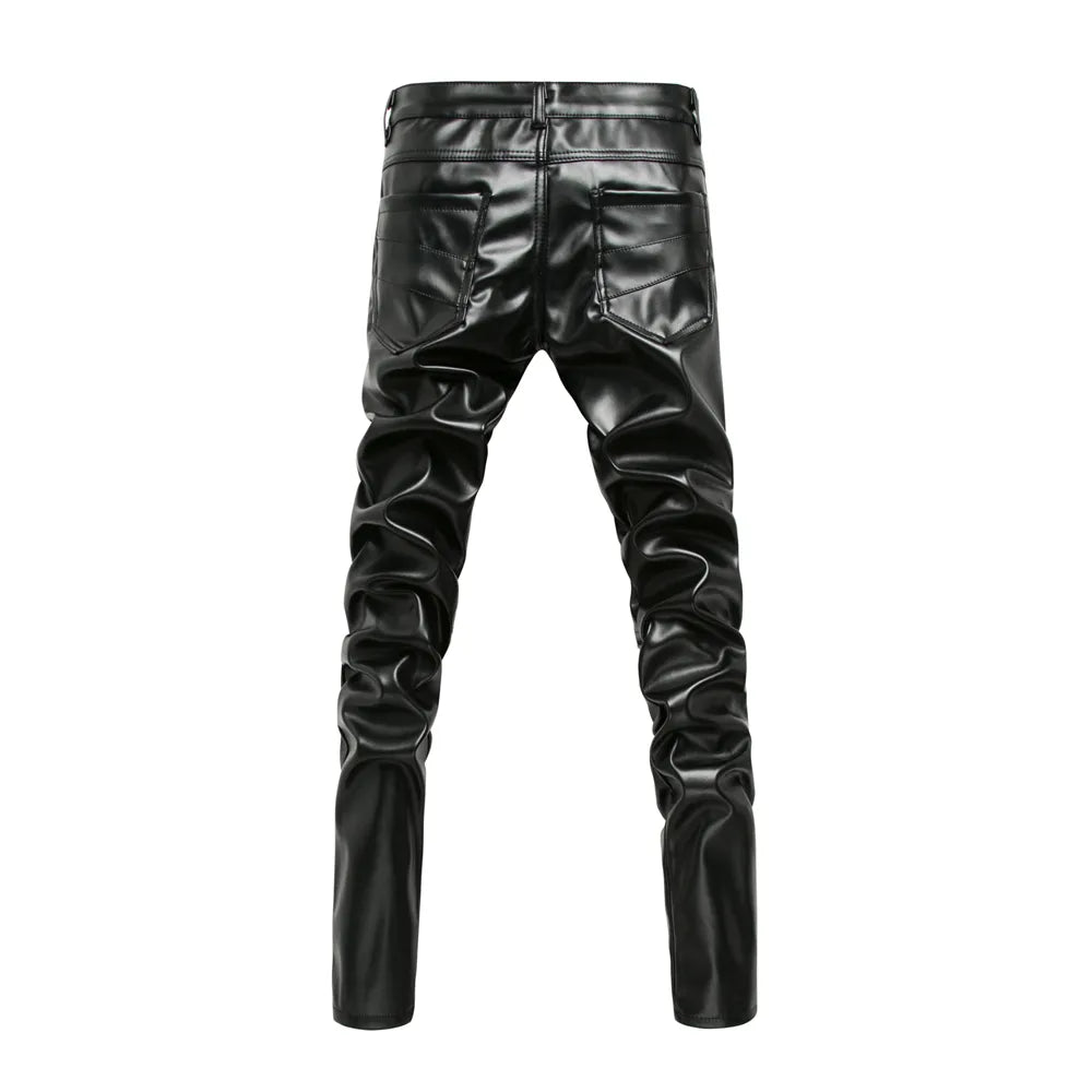Back view of black leather zipper pants with a sleek and fitted design by ghallas