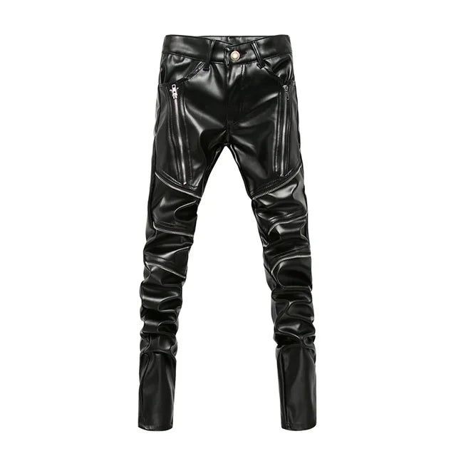Black leather zipper pants with front zip pockets and detailed stitching from ghallas