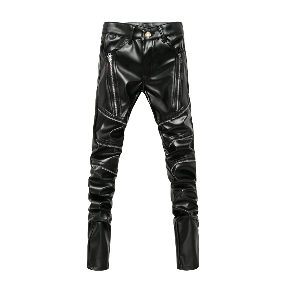 Black leather zipper pants with front zip pockets and button closure by ghallas