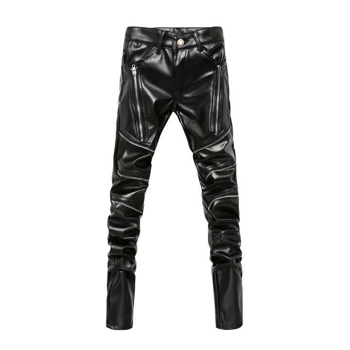 Black leather zipper pants with front zip pockets and button closure by ghallas