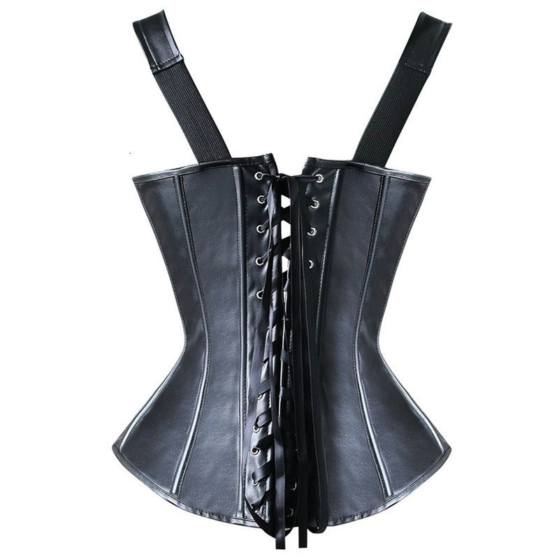 Black gothic corset top with lace-up front and adjustable shoulder straps by ghallas
