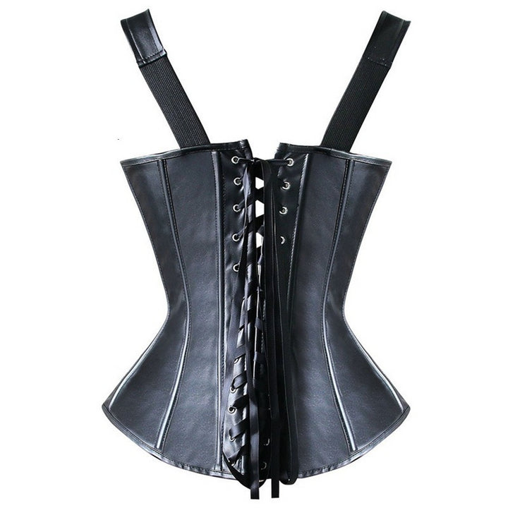Black gothic corset top with lace-up front and adjustable shoulder straps by ghallas