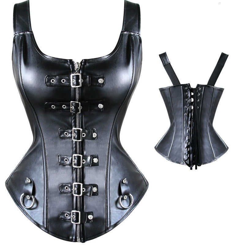 Black gothic corset top with front buckles and zipper, featuring adjustable straps and lace-up back