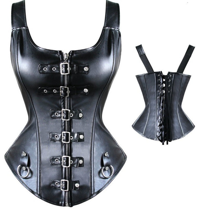 Black gothic corset top with front buckles and zipper, featuring adjustable straps and lace-up back