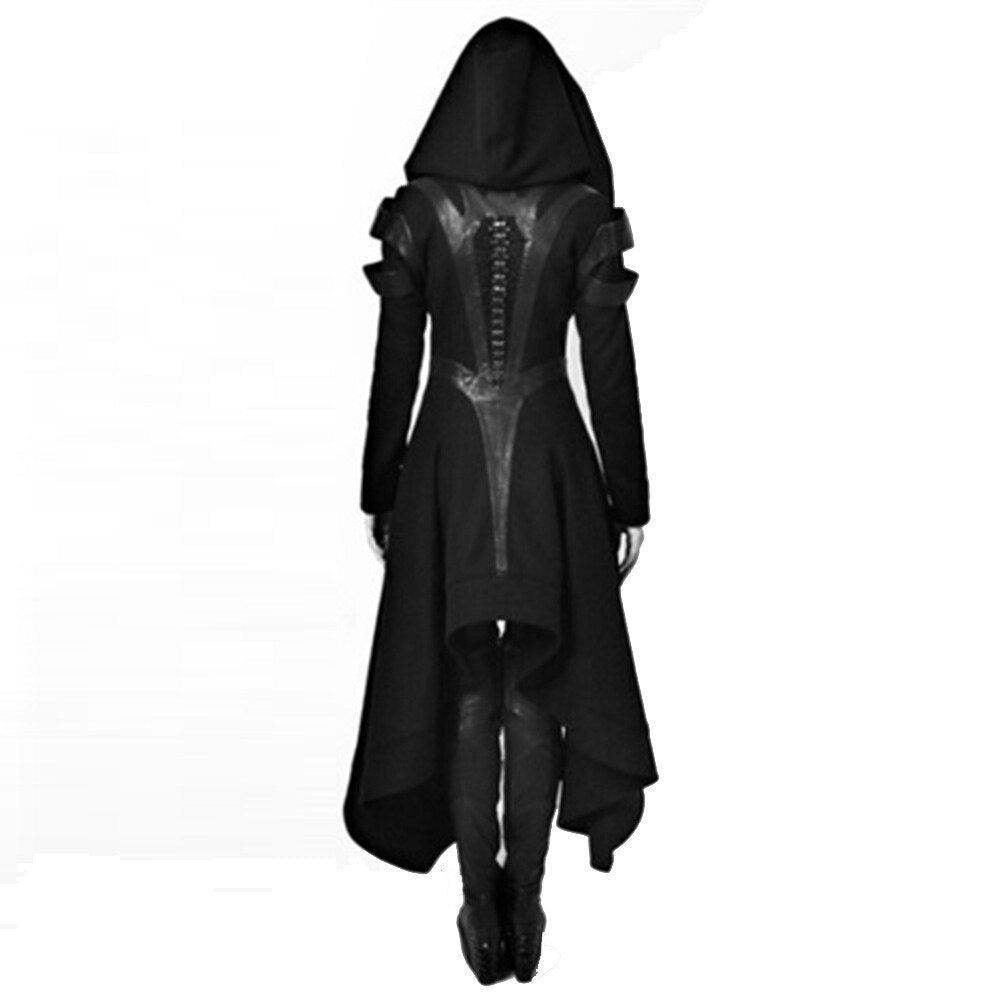Salenso gothic trench coat for women in black with hood and asymmetrical hem, shown from back