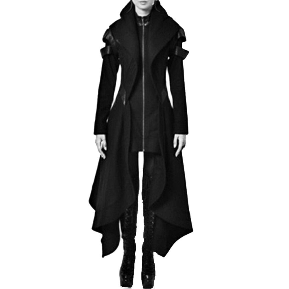 Salenso black gothic trench coat for women with asymmetrical hem and modern design