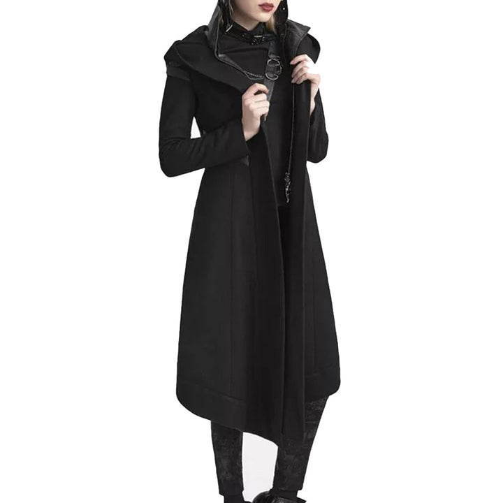Salenso black gothic trench coat for women with long sleeves and hooded collar