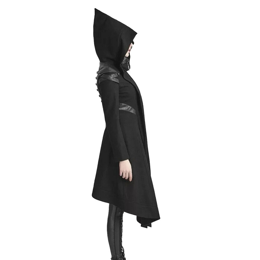 Salenso black gothic trench coat for women with hood and leather accents side view