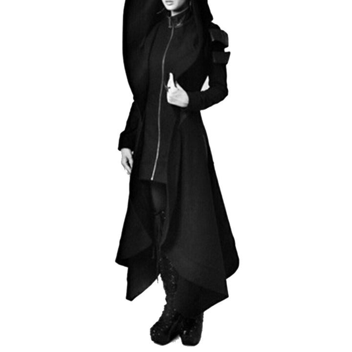 Salenso black gothic trench coat for women with asymmetrical hem and fitted zipper front