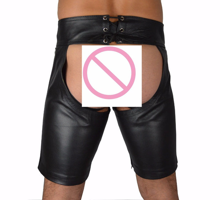 Back view of men's leather fetish shorts by ghallas with open cut-out design and lace-up waist