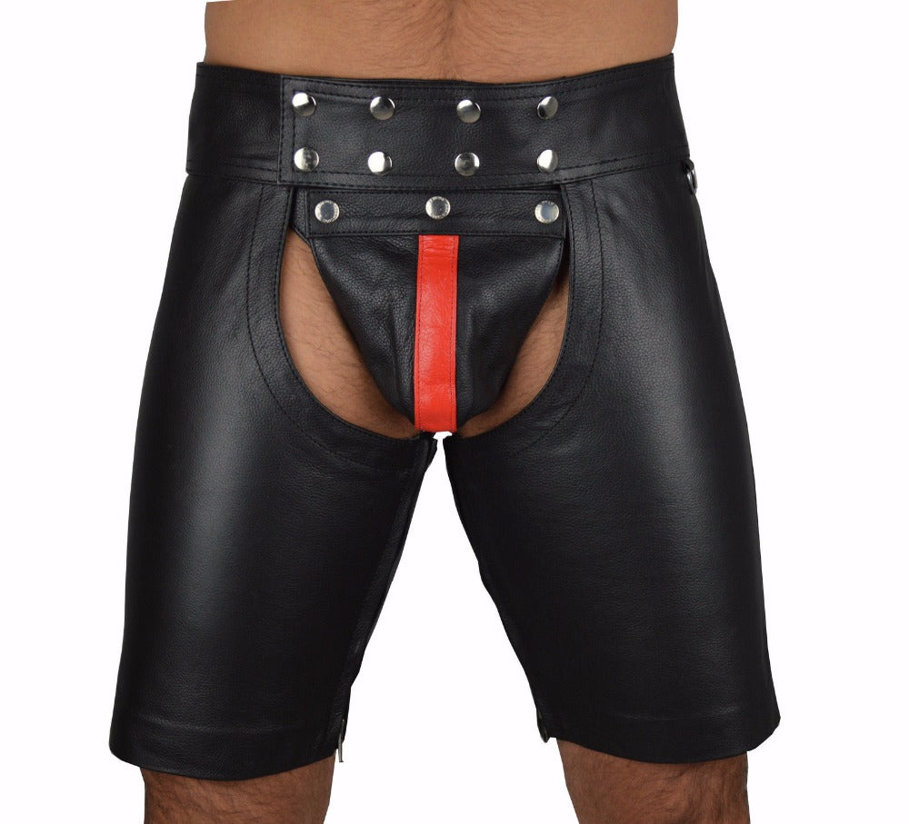 Men wearing ghallas men's leather fetish shorts in black with red accent and silver studs