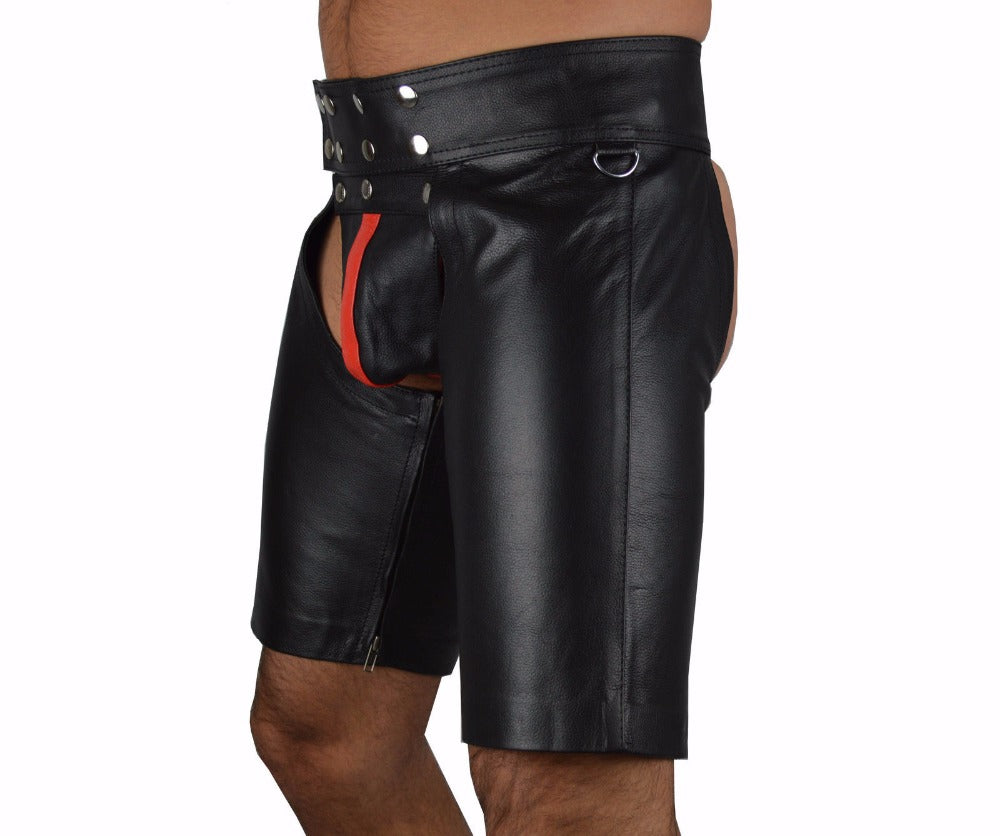 Black men's leather fetish shorts with zipper and metal studs detail by ghallas