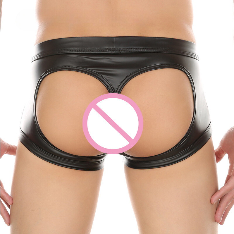 Sexy leather underwear for men with open back design in black by Ghallas