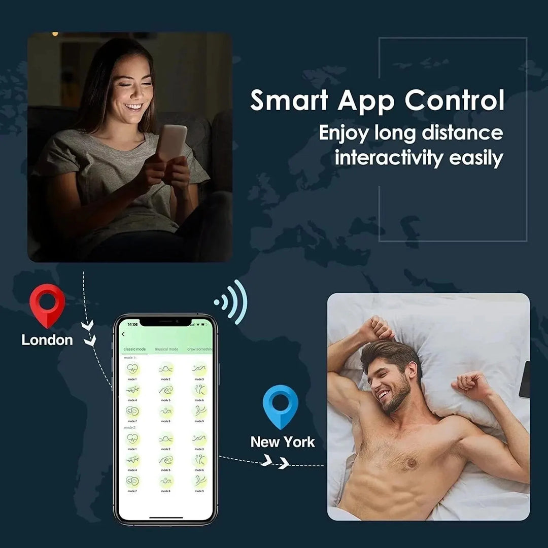 Smart ring for men with smart app control enabling long distance interactivity shown connecting London and New York