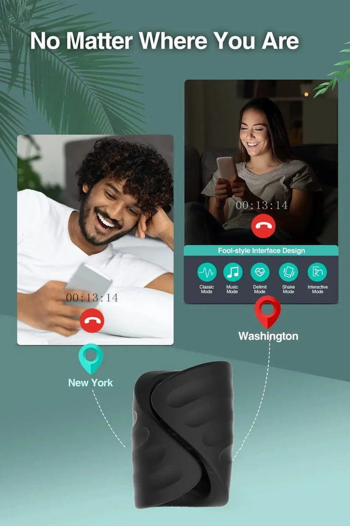 Ghallas black smart ring for men with video call feature showing connection between New York and Washington