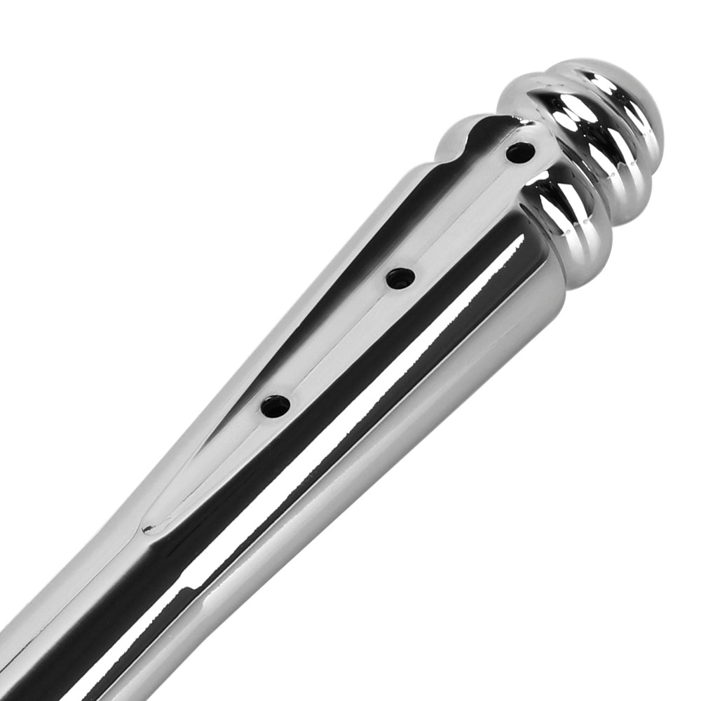 Close-up view of a polished stainless steel ghallas hookah stem with decorative top accents