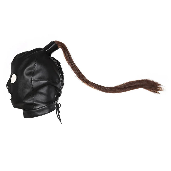 Black leather bondage mask by ghallas with eye holes, lacing details, and attached brown ponytail
