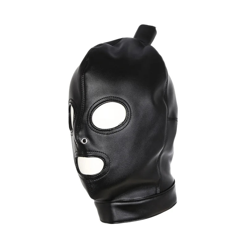 Black leather bondage mask with eye and mouth openings, smooth finish from ghallas