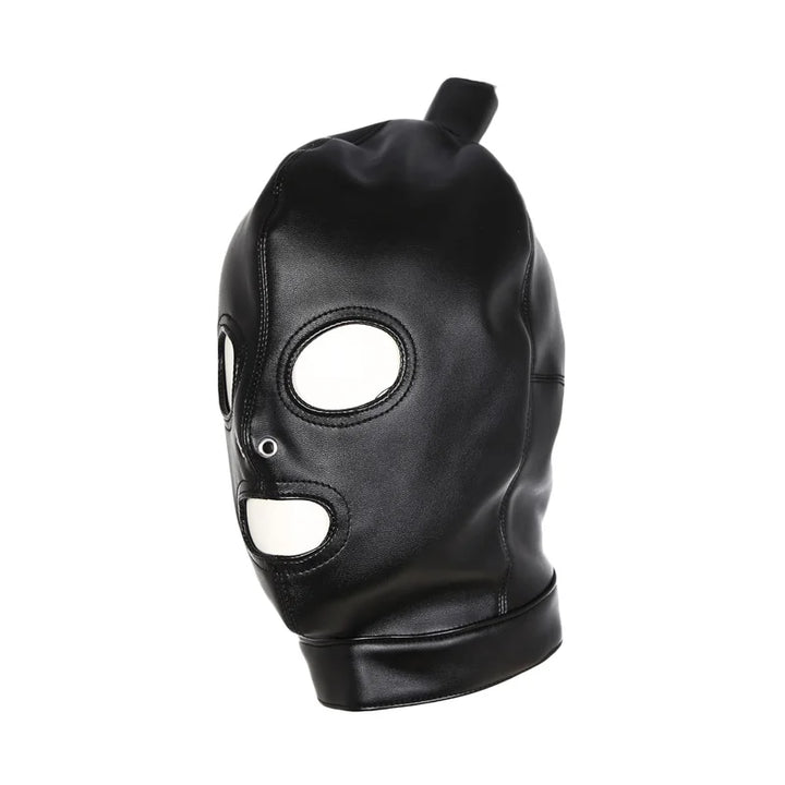 Black leather bondage mask with eye and mouth openings, smooth finish from ghallas