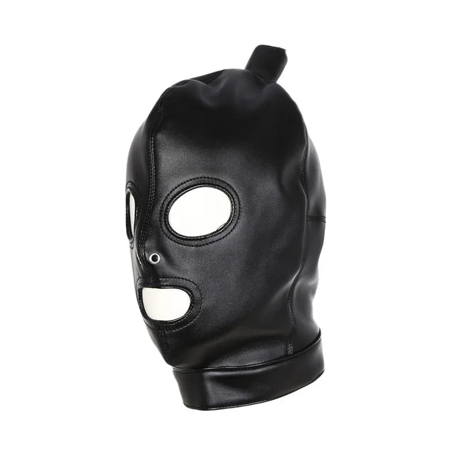 Black leather bondage mask with eye and mouth openings for versatile use