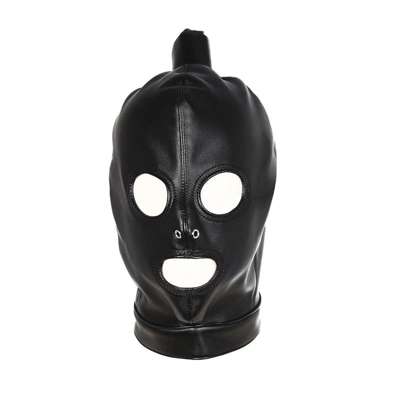 Black leather bondage mask with eye and mouth openings from ghallas