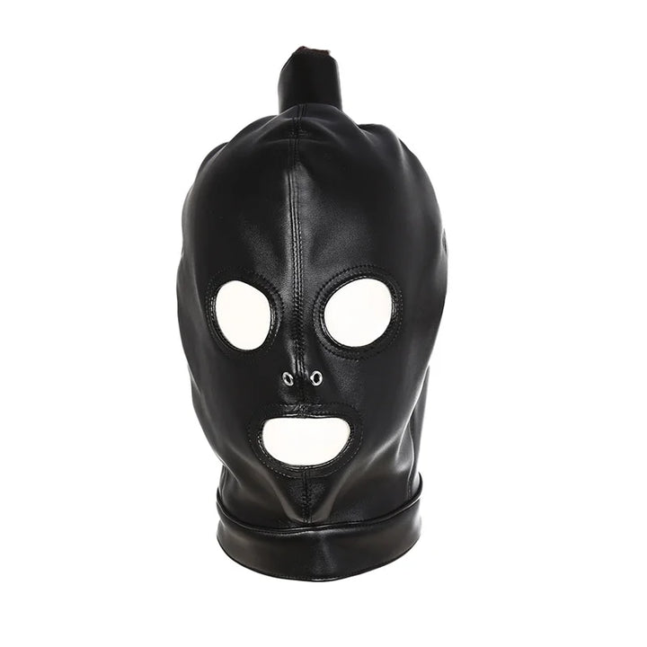 Black leather bondage mask with eye and mouth openings from ghallas