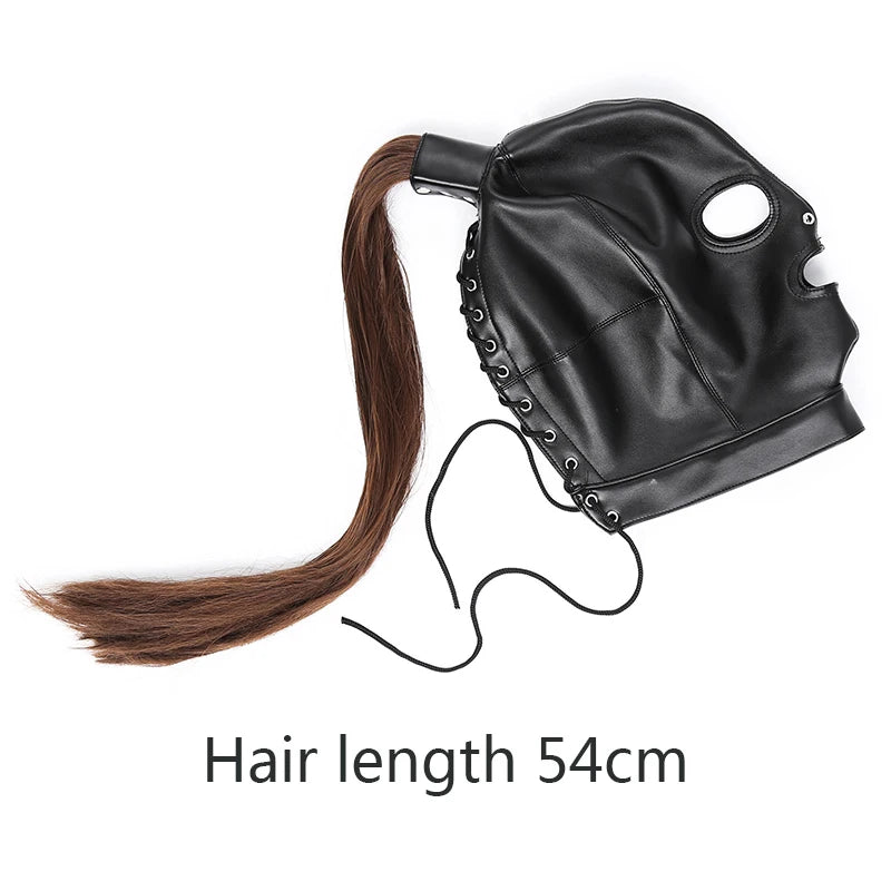 Black leather bondage mask with long brown hair tail and side lace-up detail by ghallas