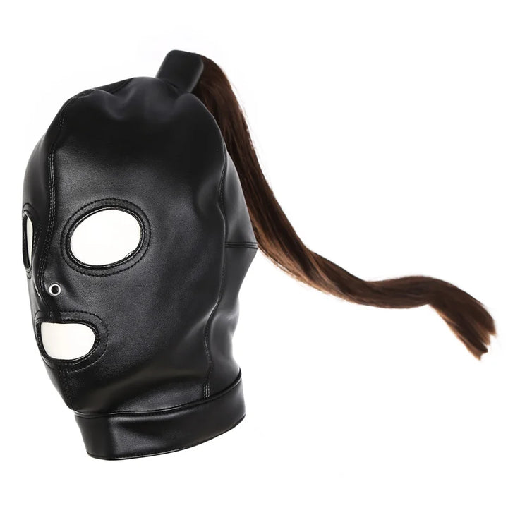 Black leather bondage mask with eye and mouth openings and a long brown ponytail attached