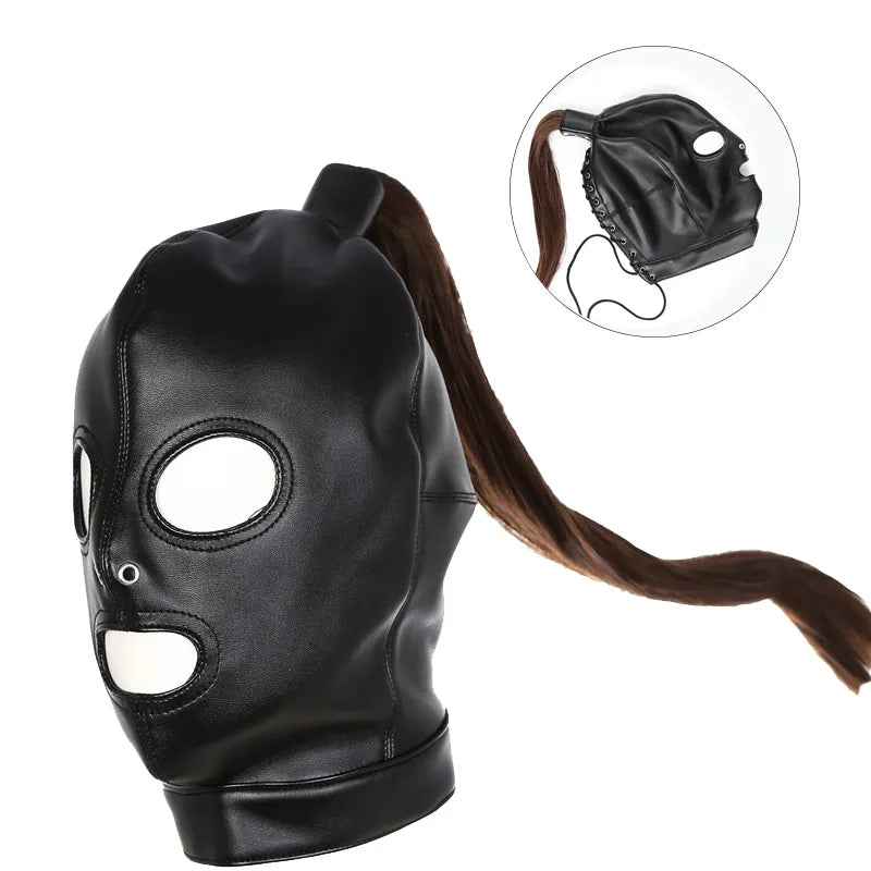Black leather bondage mask with ponytail and eye and mouth openings by ghallas