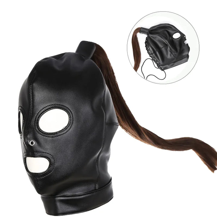 Black leather bondage mask with ponytail and eye and mouth openings by ghallas